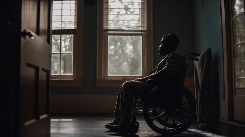 a guy in a wheel chair staring at the window