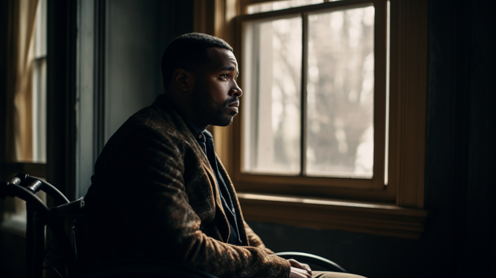 A guy in a wheelchair staring at the window